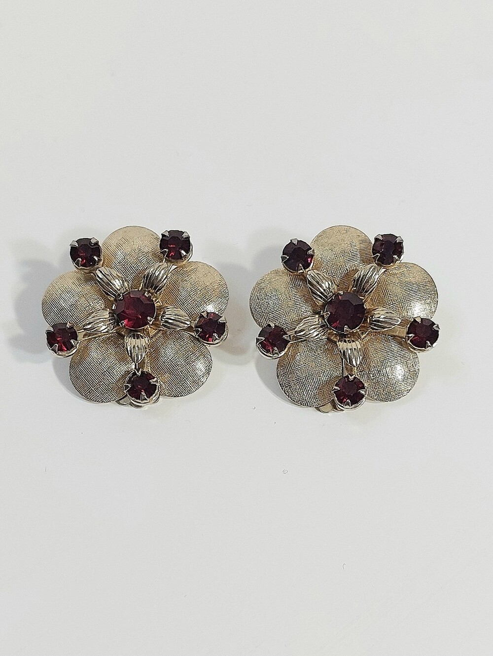 Vintage Clip On Earrings Gold Tone and Garnet Red Gem Stones